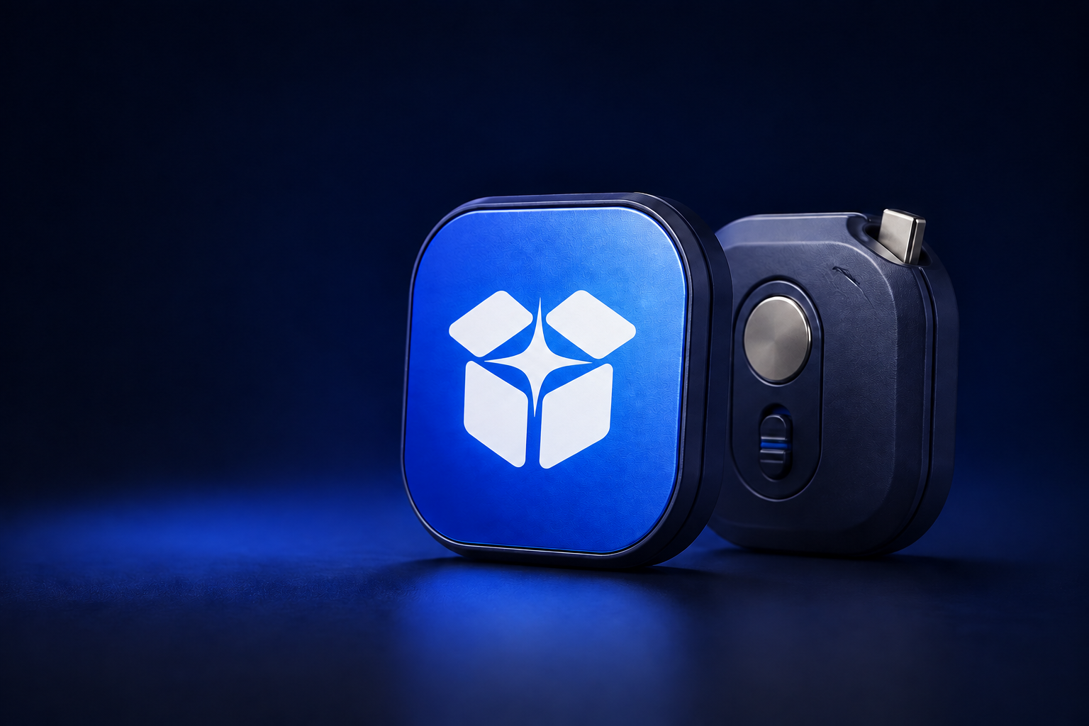 Custom logo merchandise concept: a blue magnetic parcel opener with a raised white package-and-spark mark
