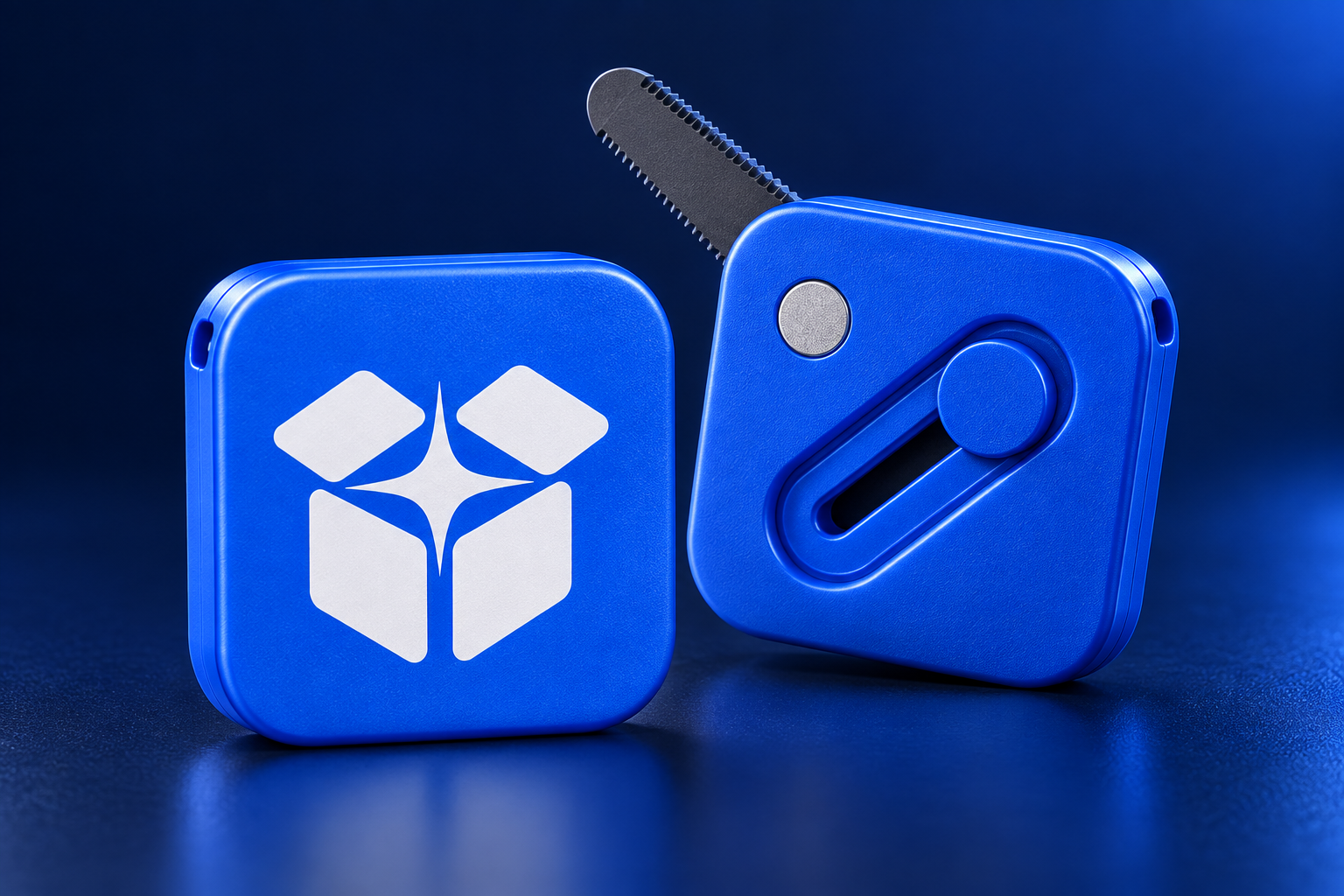 Concept render of a blue 50 millimeter magnetic parcel opener customized with the LogoToMerch box-and-spark mark, shown from the front and back