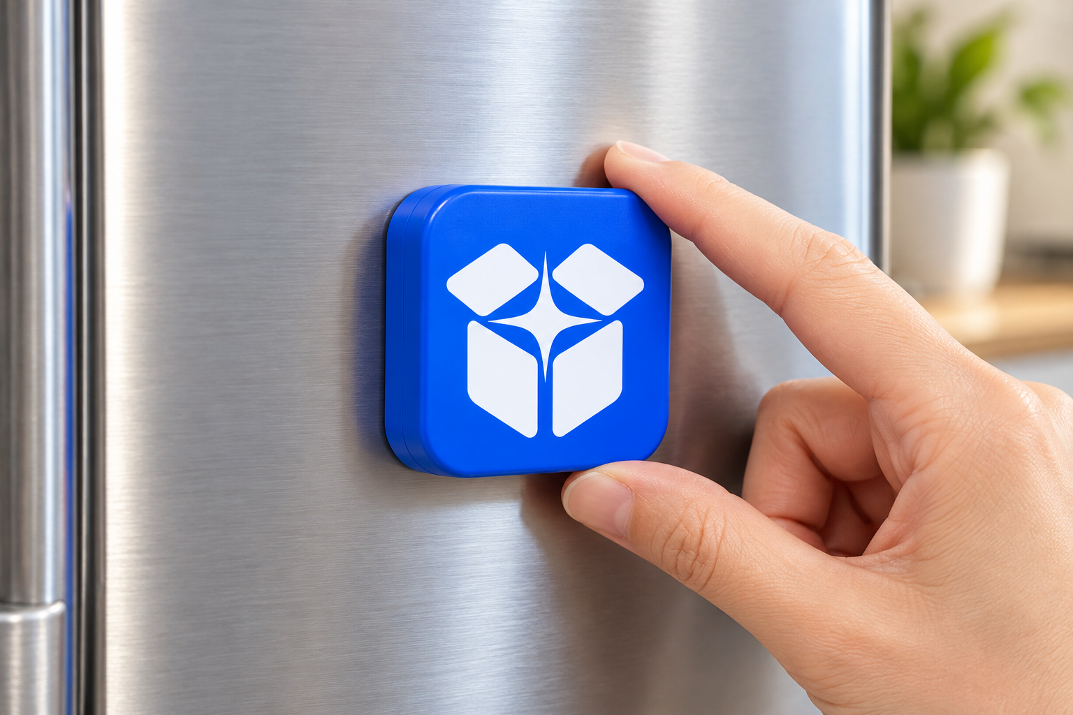 Concept render of the custom magnetic parcel opener attached to a stainless-steel refrigerator