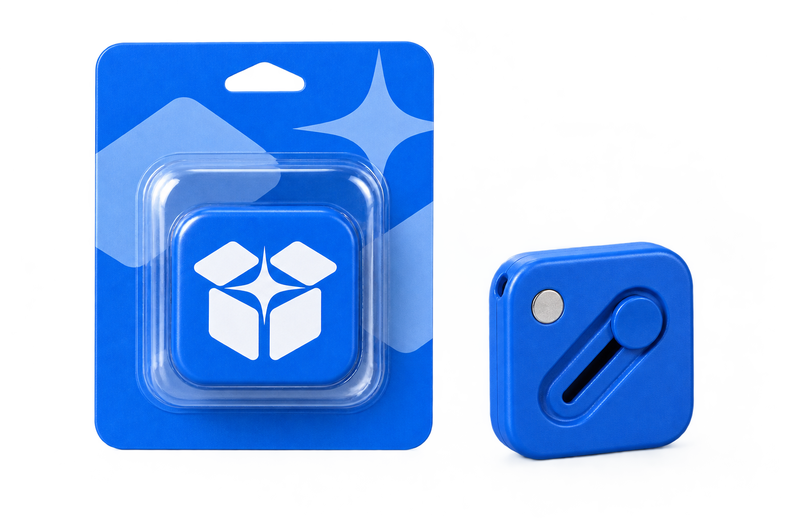 Concept render of the custom magnetic parcel opener in an 80 by 100 millimeter blister-card package